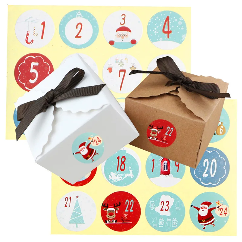 

24pcs Kraft Paper Box with 1-24 Merry Christmas Calendar Sticker Gift Box Sealing Sticker Candy Chocolate Paper Box Party Favor