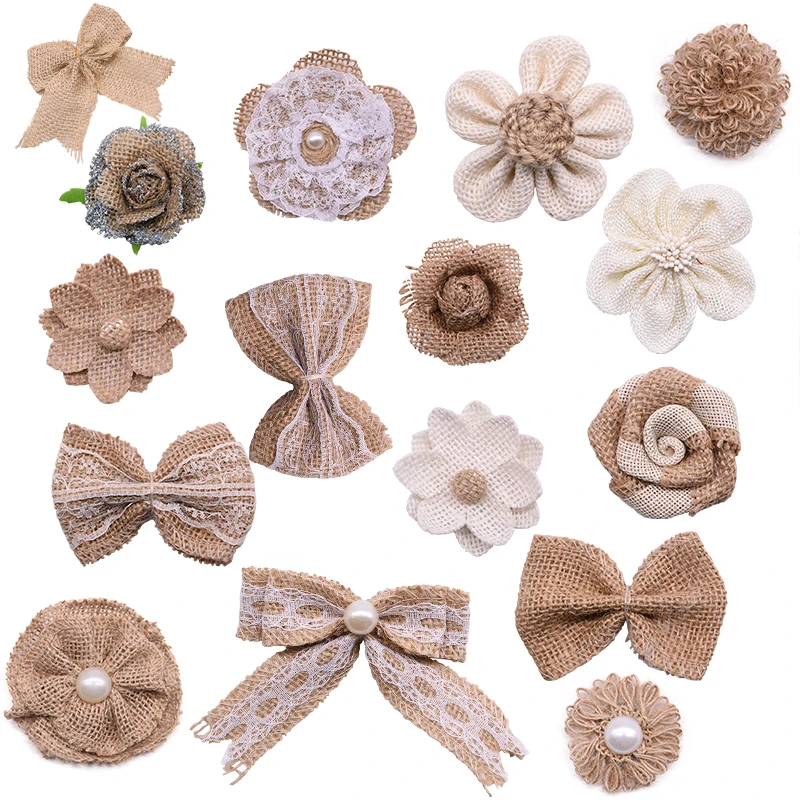 5pcs Decor Bows Jute Burlap Hessian Lace Christmas Bows for Vintage Wedding Birthday Party DIY Gift Boxes Christmas Wreath Decor