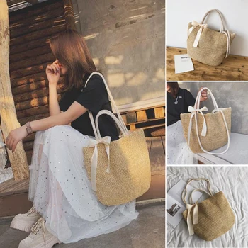 

Rattan Woven Straw Bag Women Handbag Summer Bohemian Beach Bag Woven Basket Large Capacity Bag Handmade Knitted Shoulder Bag