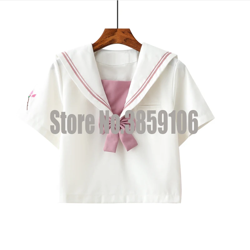 Short Sleeve Top UPHYD розовый цветок вышивка белая рубашка и розовая юбка костюмы студентов Косплей JK школьная форма для девочек Матросская форма наборы - Цвет: Short Sleeve Top