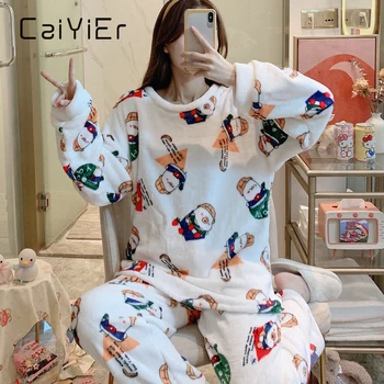 

CAIYIER Flannel Women Winter Pajamas Set Cartoon Girls Print Thick Sleepwear Soft Sweet Coral Fleece Nightwear Lovely Homewear
