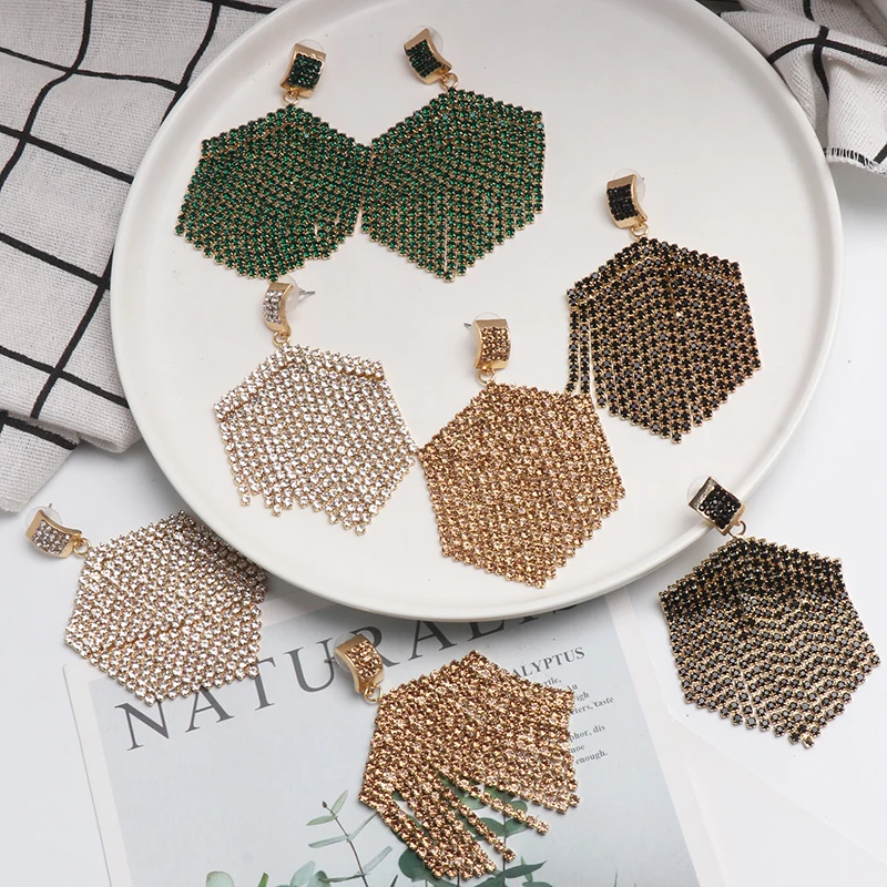 

Rhinestone Tassel Geometric Earrings Large Statement Earrings For Women New Designer Drop Dangle Earrings Gift