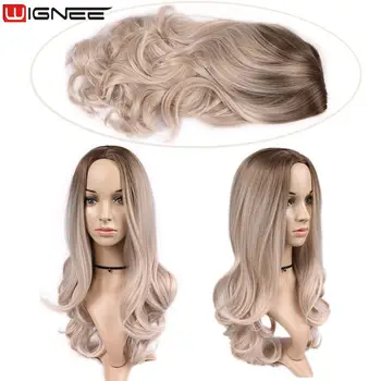 Wignee Long 2 Tone Ombre Brown Ash Blonde Temperature Synthetic Wigs For Black/White Women Glueless Wavy Daily/Cosplay Hair Wig 5