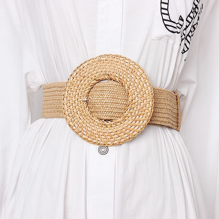 Wooden Buckle Dress Belt For Women Casual Female Braided Wide Strap Female Designer Woven Girls Elastic PP Straw Belts BZ339