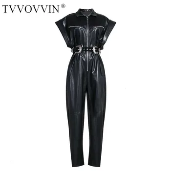 

TVVOVVIN Women Jumpsuit Short Sleeve Bandage Pu Leather Rompers Womens Jumpsuit Vintage Fashion Black Bodysuit Women 2019 B335