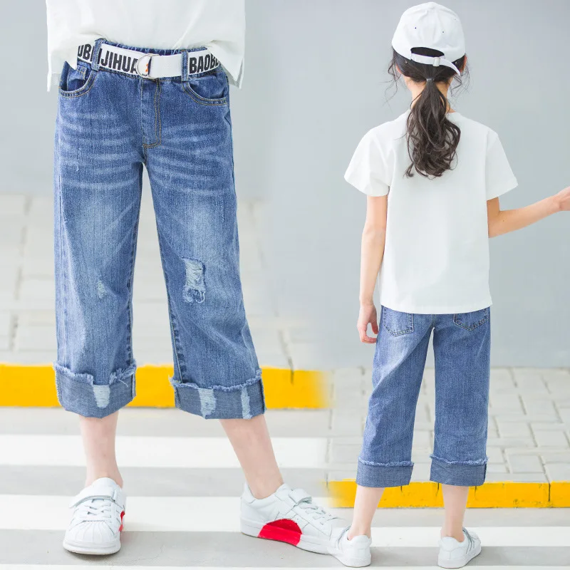 Новинка, Летние Стильные широкие джинсы для девочек с дырками, Капри, повседневные женские штаны