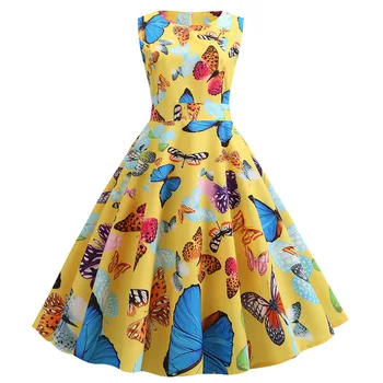 

Butterfly Print Vintage Rockabilly Dress Women 2019 Summer Sleeveless A Line Party Dresses Robe Femme Jurken Plus Size Sundress