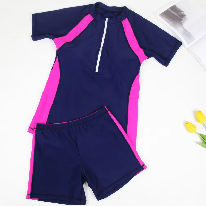 Эластичный спортивный купальник Женская одежда с коротким рукавом Купальник Мягкий купальный костюм из двух предметов пляжная одежда на молнии с вырезом спа купальная одежда - Цвет: Navy Blue