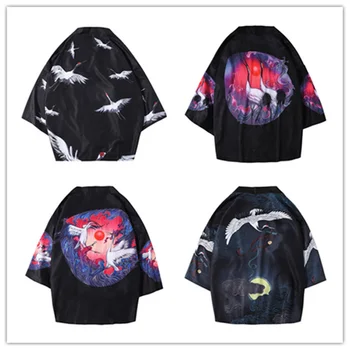 

Unisex Japanese Harajuku Style Samurai Kimono Haori for Women Man Crane Print Loose Thin Cardigan Autumn Jacket Yukata