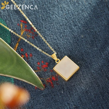 

925 Sterling Silver Pendant Necklace Hetian Jade Geometric Square Necklace Fine Jewelry for Women Original Design Simple Trendy