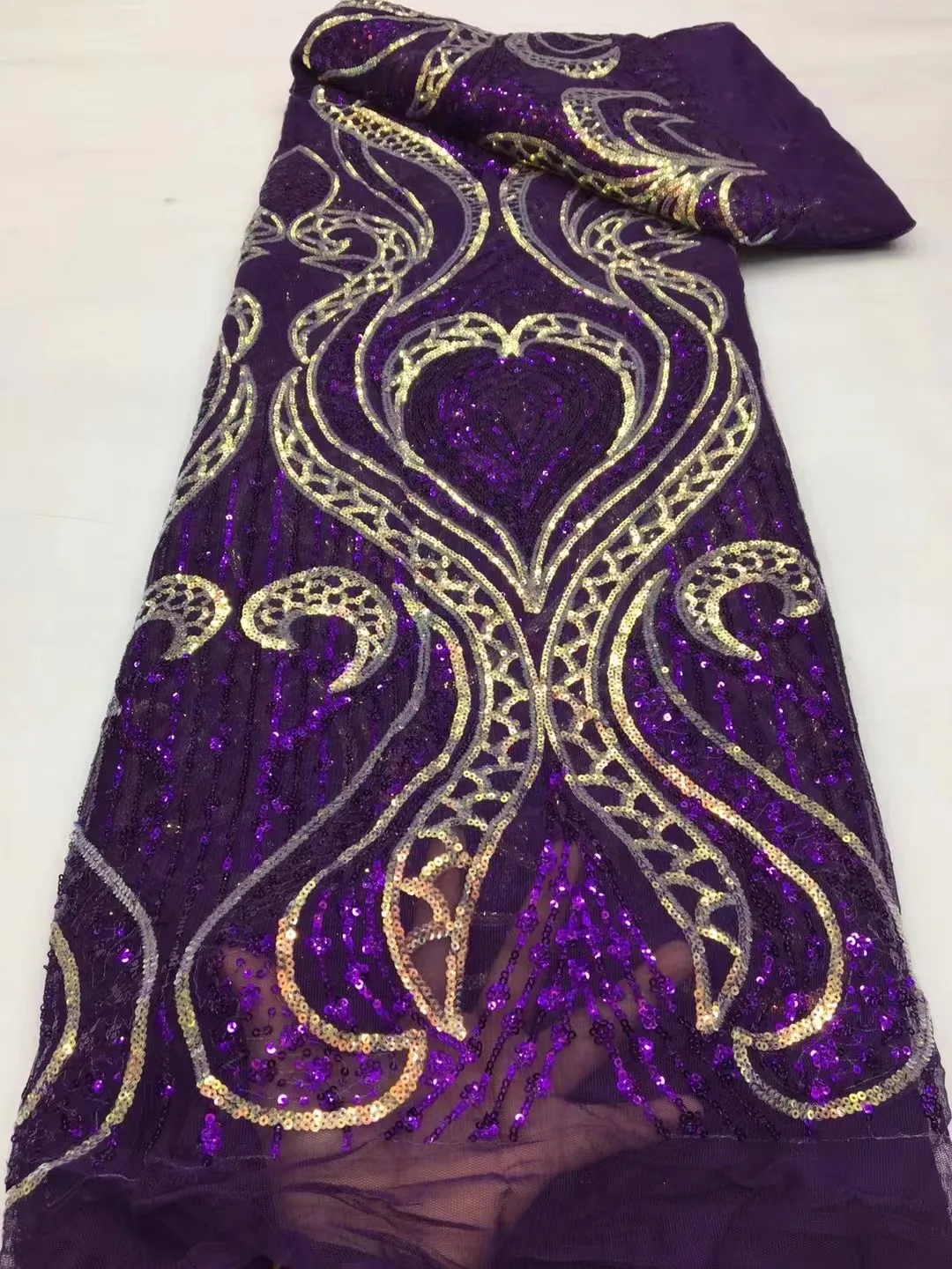 

Purple New Top Quality Lovely African Sequin Haute Couture Tulle Mesh Lace For Sawing Bridal Dress /Fashion Designer