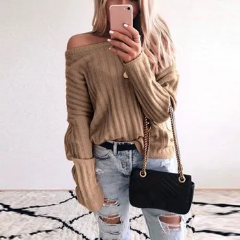 

2019 Autumn Winter Sweater Solid Color Striped Loose Long-sleeved Knitted Off Shoulder Sweater Streetwear