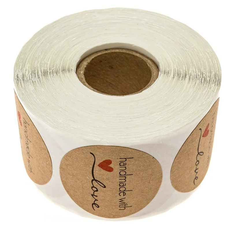 

500 Pcs/roll Round Kraft Paper Label Sticker Thank You Hand Made With Love Heart Stickers for Scrapbook Stationery Sticker