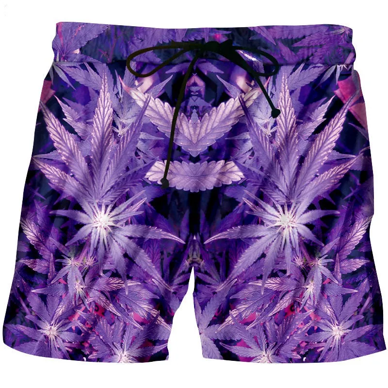 Летние новые стильные мужские шорты с фиолетовыми листьями, мужские/женские повседневные шорты с 3D принтом, модные пляжные шорты, быстросохнущие короткие брюки