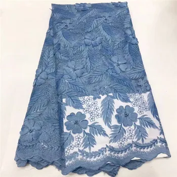 

Sky Blue 2020 African Lace Fabric White Beaded Nigerian Wedding Lace Material 3d Flower French Tulle Lace Fabric High Quality
