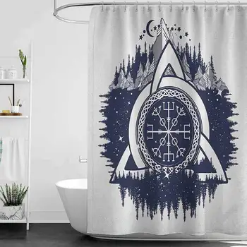 

hengshu Blue and White Hotel Quality Polyester Shower Curtain Celtic Knot with Tridents Forest and Mountains Scandinavian