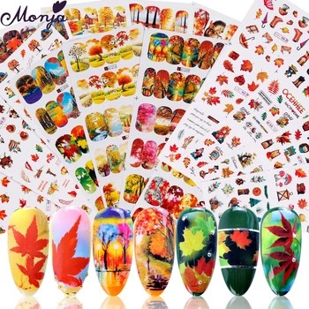 

Monja 12Pcs/Set Autumn Series Nail Art Water Transfer Sticker Maple Leaf Cute Animal Mix Pattern Nail Decals Manicure Decoration