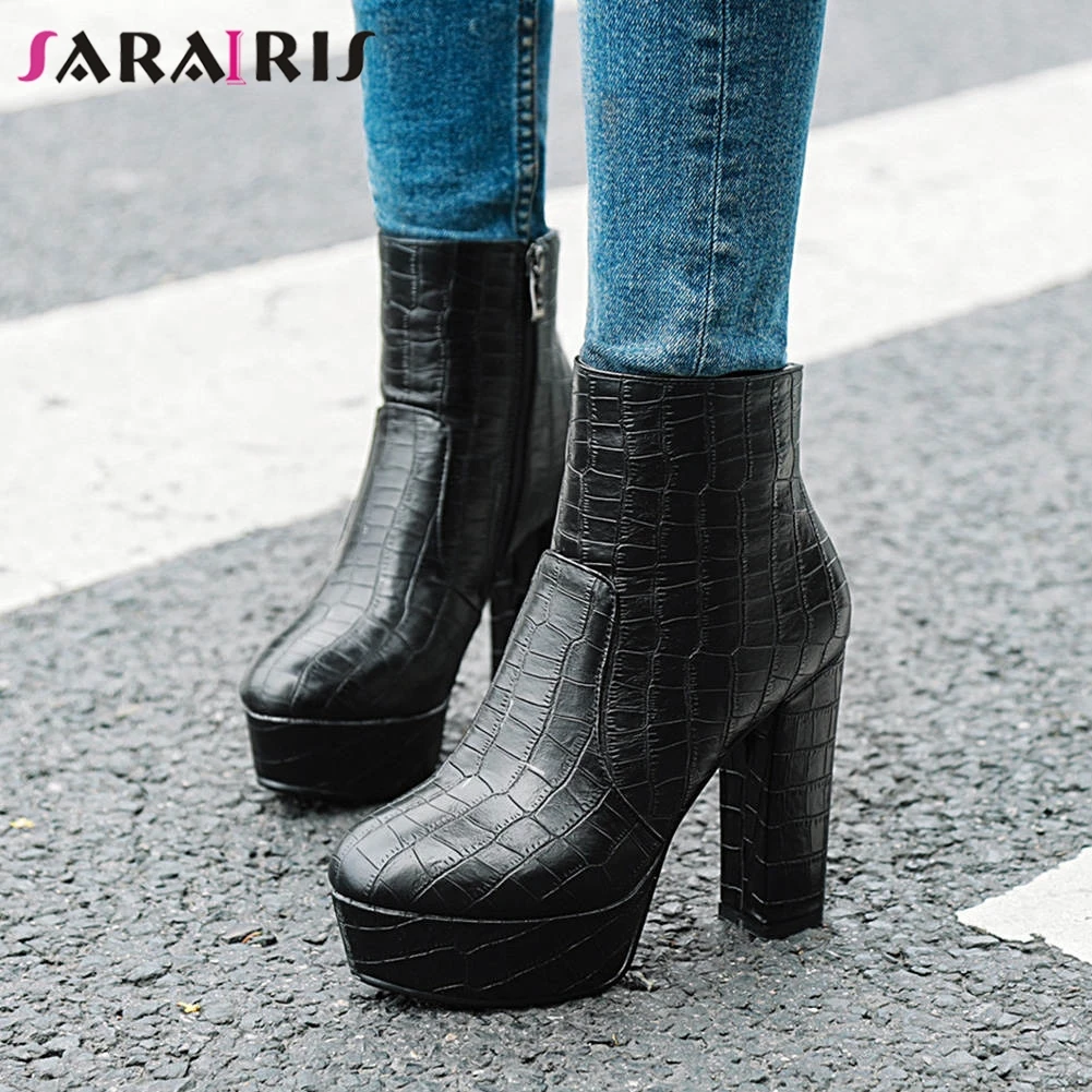 

SARAIRIS Plus Size 32-46 New Party Office Fretwork Booties Ladies Platform Ankle Boots Women 2019 Zip High Heels Shoes Woman