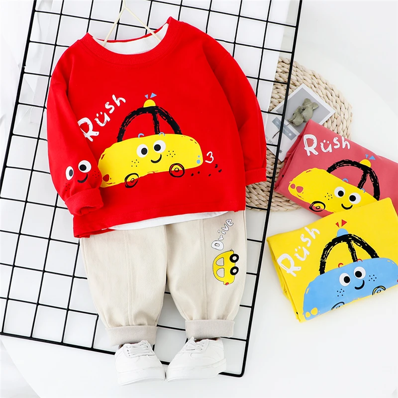 Весенние комплекты одежды для младенцев: футболка+ штаны, комплекты одежды для маленьких мальчиков и девочек, костюм для отдыха с мультяшным автомобилем