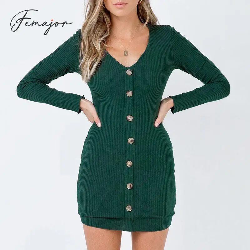 

Femajor Women Solid Color Knit Short Dress Female Autumn Winter Long Sleeve Slim Sweater Dress Chic Button Pit Sweater Mini Dres