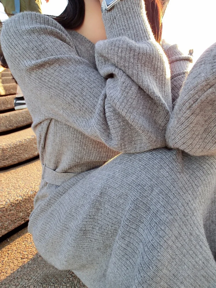 Semfri платье Женский Длинный свитер платье зима фонарь рукав бодикон vestidos высокое качество o-образным вырезом пояс вязаные платья - Цвет: C-gray