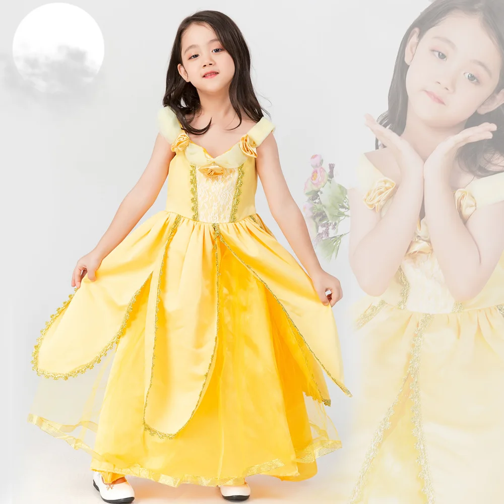 

Baby Girls Beauty and the Beast Costume Tulle Kids Princess Belle Party Gown Halloween Birthday Girls Dress Clothes Summer Frock