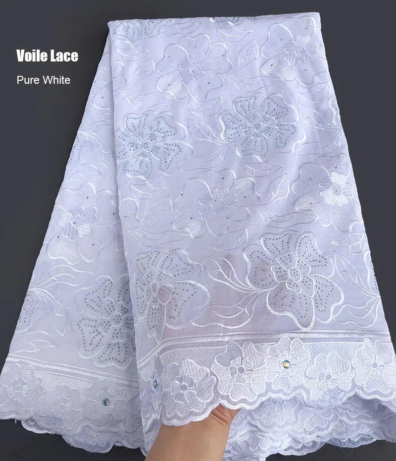 5 ярдов мягкая африканская швейцарская вуаль кружевная ткань в нигерийском стиле Гана швейная одежда с камнями высокого качества - Цвет: White