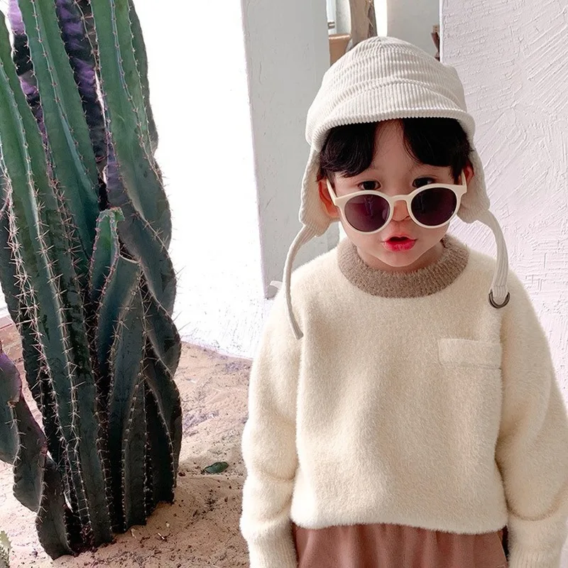 

2019 winter Korean children's sweater boy's thickened color matching sable girls' sweater toddler girl sweater baby boy clothes