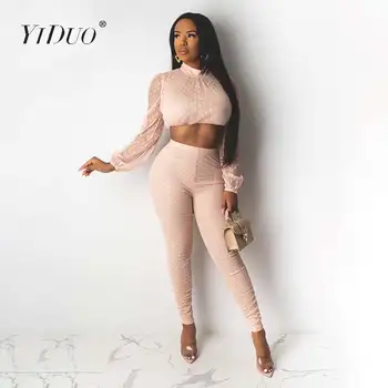 

YiDuo Women Two Piece Turtleneck Lantern Sleeve Crop Top And Pencil Pants Sexy Mesh Polka Dot 2 Piece Set Tracksuit Party Club