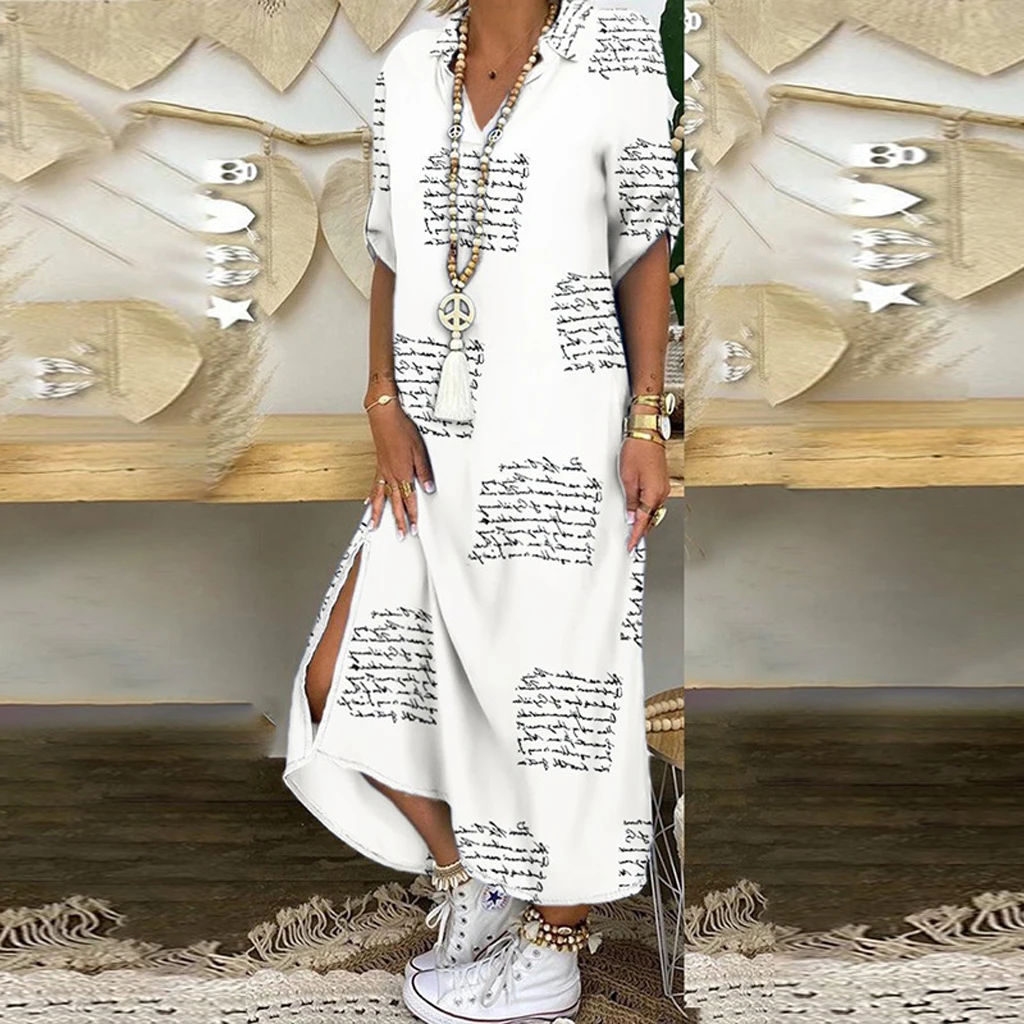 Vestido playero largo de verano para mujer, vestido playero elegante con cuello vuelto y manga corta con letras estampadas, 2021
