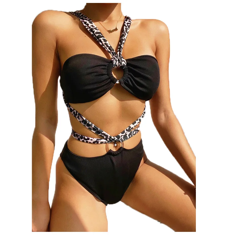 

Swimsuit Leopard Print Cut Out Swimwear Summer Beachwear Sexy Strappy Bikini Push Up High Waist Underwear Lady Backless