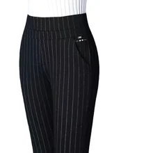 

Autumn and winter Plush thickened pants women's elastic high waist casual pants elastic striped straight pants