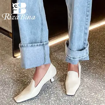 

RIZABINA Women Pumps Genuine Leather Vintage Square Toe High Heel Shoes Women Spring Comfort Soft Casual Footwear Size 34-39