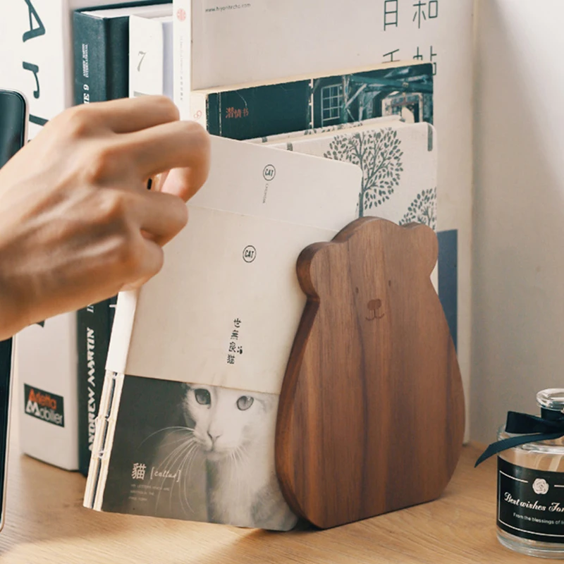 Wooden Bear Book Stand Black Walnut Desktop Bookshelf Simplicity Cute Solid Wood Bookcase Cartoon Magazine Rack Table Storage