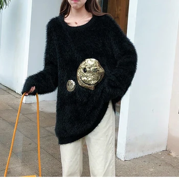 

Loose Mohair Long Womens Sweaters 2018 Winter Sequins Smiley Oversized Long Sweater O Neck Thick Warm Sweaters Black Pullovers