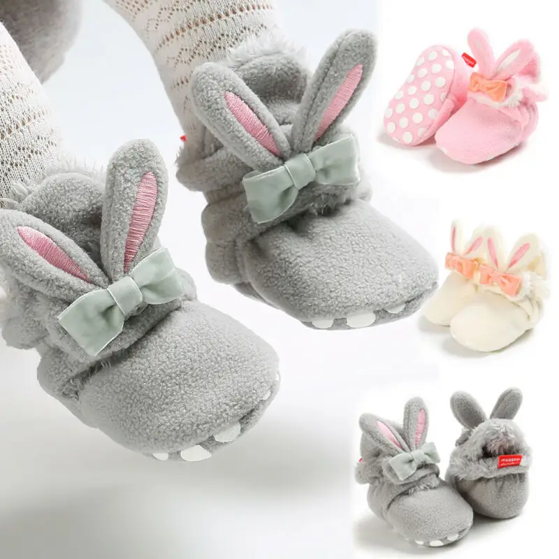 Зимние сапоги для новорожденных мальчиков и девочек от 0 до 18 месяцев теплые зимние ботинки с мягкой подошвой для кроватки модные Нескользящие ботинки с кроличьими ушками для младенцев