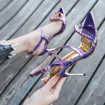 

Plus Size 43 Purple Leather Women Sandals Gold Metal Heels Crystal Decor Strappy Gladiator Sandals Dress Shoes High Heels Cut