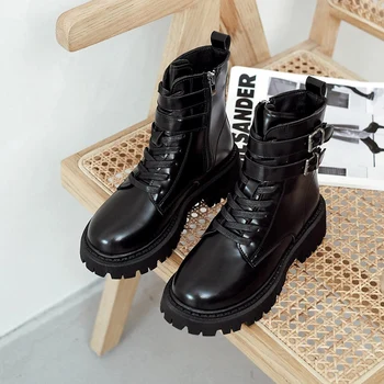 

2020 Combat Women Boots Fashion Vintage Brown Short Boots Autumn Platform Gothic Shoes Women Black Leather Ankle Boots
