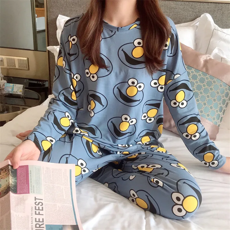 Caiyier, осенне-зимняя женская Корейская Пижама, тонкая, с круглым вырезом, с милым принтом, с длинным рукавом, одежда для сна, для девочек, Радужная, Ночная одежда, pijama mujer