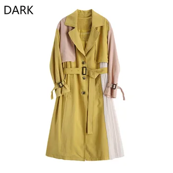 

[DARK] Color-blocking Windbreaker Women's Mid-length 2020 Autumn/winter Dress Loose-knee Waist Slimming Fashion Coat Coat