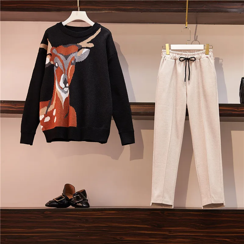 Женский теплый спортивный костюм, осенний зимний костюм из двух частей, свитер, повседневный костюм с длинным рукавом, вязаные топы с оленем и тонкие шерстяные штаны, подходящие комплекты