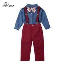 Брендовая джинсовая одежда для маленьких мальчиков из 2 предметов, одежда для маленьких мальчиков рубашка с галстуком-бабочкой в джентльменском стиле Топы+ штаны на подтяжках комплект осенней одежды для малышей