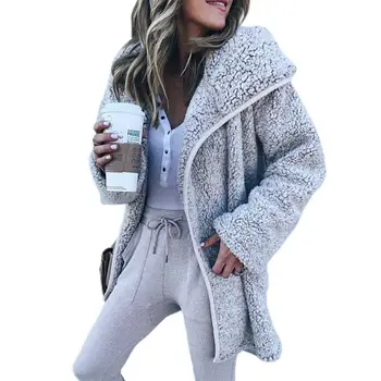 

2020 Women Autumn Winter Solid Color Long Sleeve Faux Fleece Loose Warm Jacket Coat Womens clothing женская куртка femme veste
