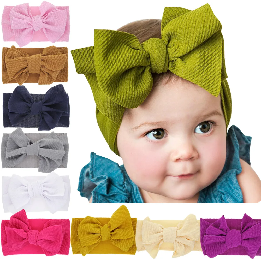 

2020 Big Hair Bow Cotton Elastic Newborn Baby Girls Headband Solid Color Lovely Soft Bowknot Hair Band Children Hair Accessories