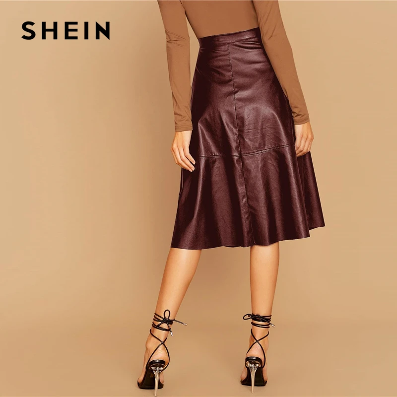SHEIN черная однотонная однобортная кожаная элегантная юбка миди для женщин осень высокая талия офисные женские трапециевидные расклешенные юбки
