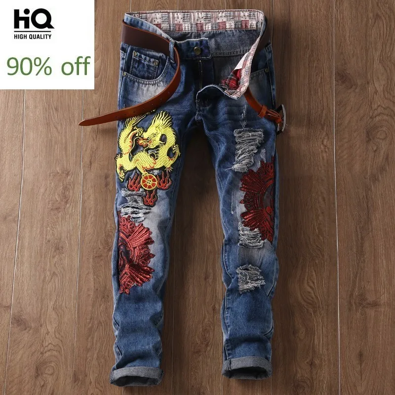 

2020 Spring Male Fashion Embroidery Straight Slim Fit Cowboy Pants Man Hole Ripped Jeans For Men Streetwear Biker Trousers Mens