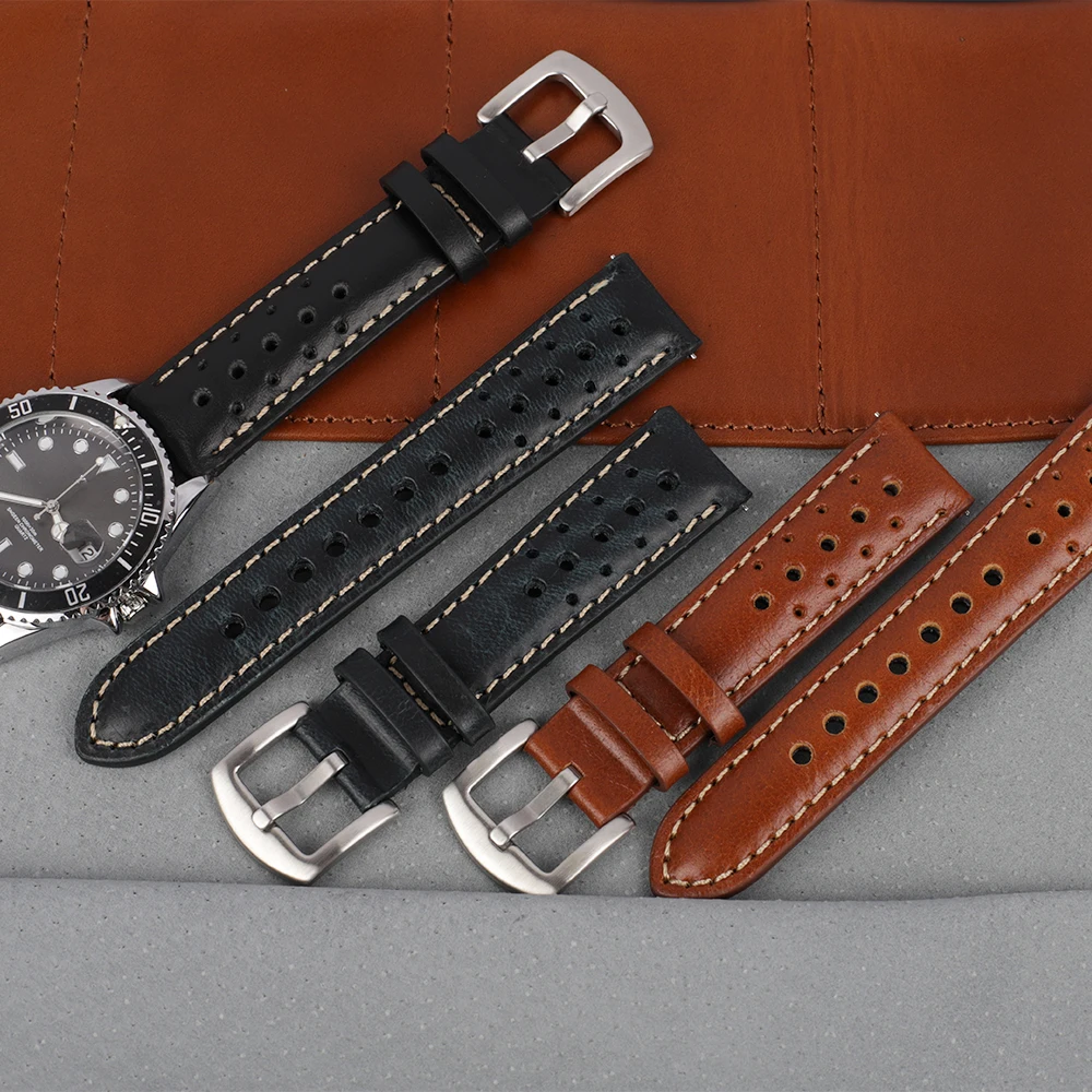 Premium Retro Handmade Leather Watch Strap - Khaki Brown Porous Wristband Belt