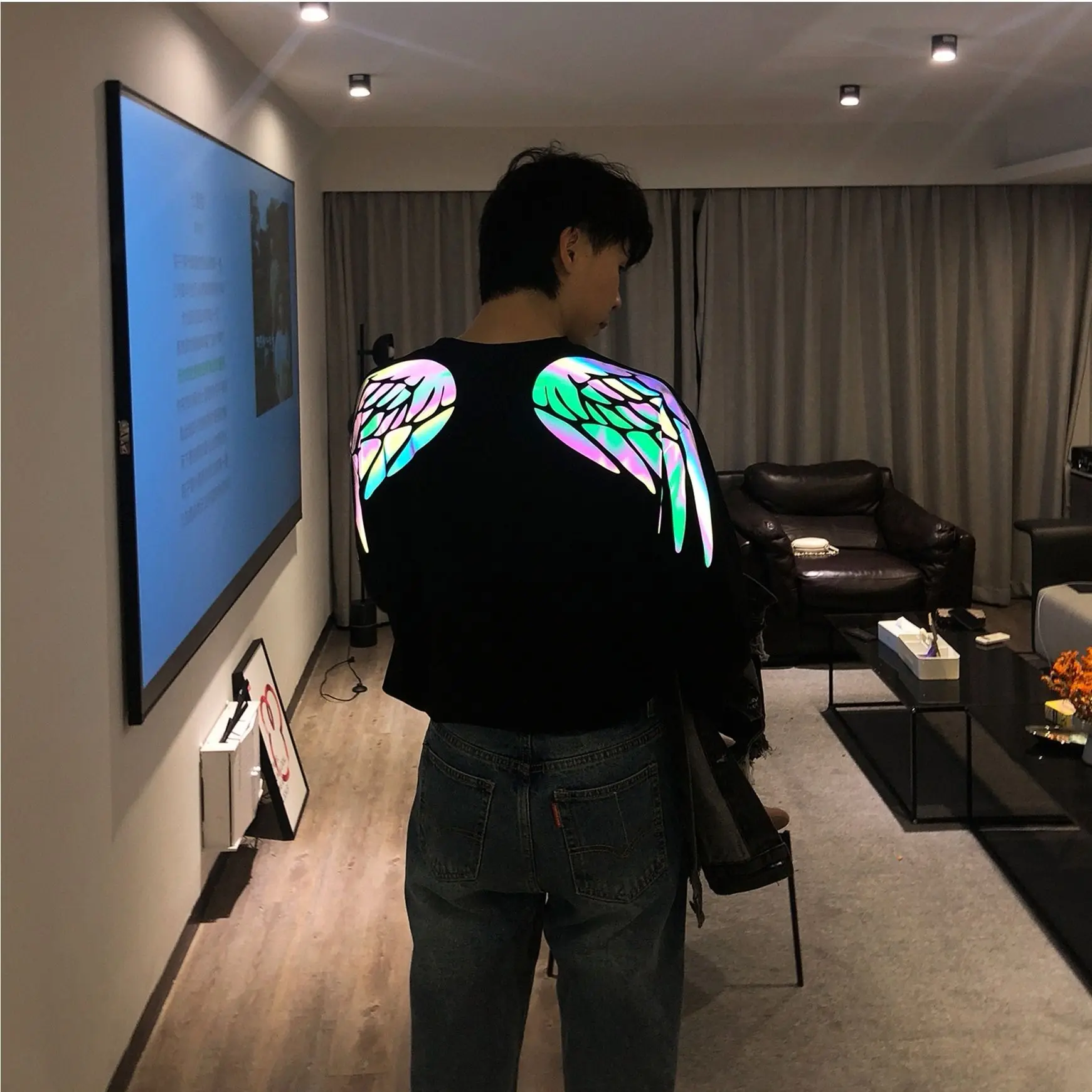 Long Sleeve Black INS Hot Grilfriend, одежда для пар с коротким/длинным рукавом, светоотражающая Футболка Harajuku с принтом крыльев, мужская и женская мода размера плюс - Цвет: Long Sleeve Black