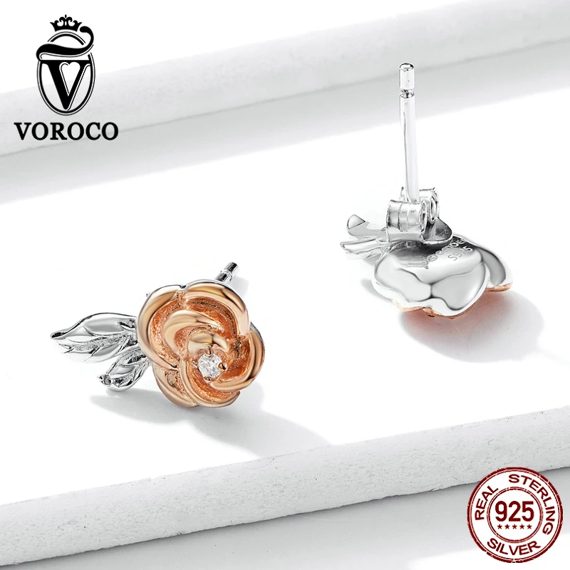 VOROCO BNE327 925 пробы серебряные Подвесные серьги Элегантные 3D серьги-капли с розами Весенняя серия Свадебные ювелирные изделия