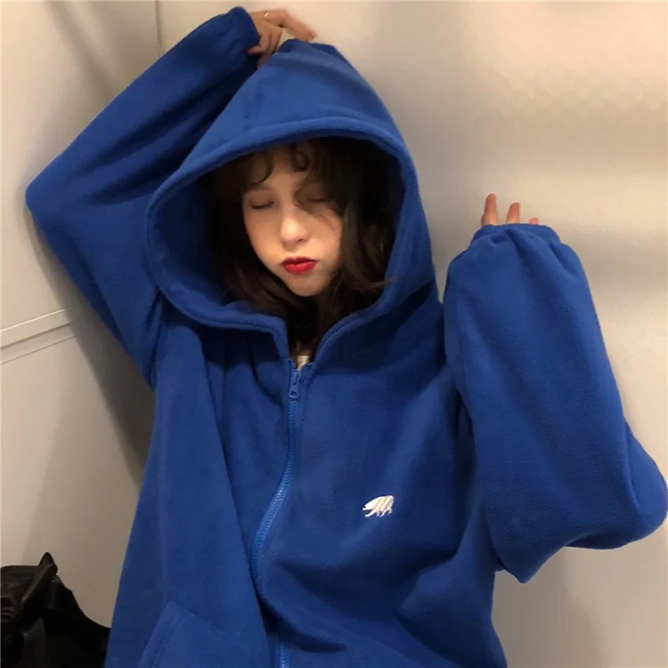Новое поступление, Harajuku, вышитый медведь, одноцветная Флисовая теплая куртка на молнии, толстовки, корейский стиль, женская Толстовка С Карманами